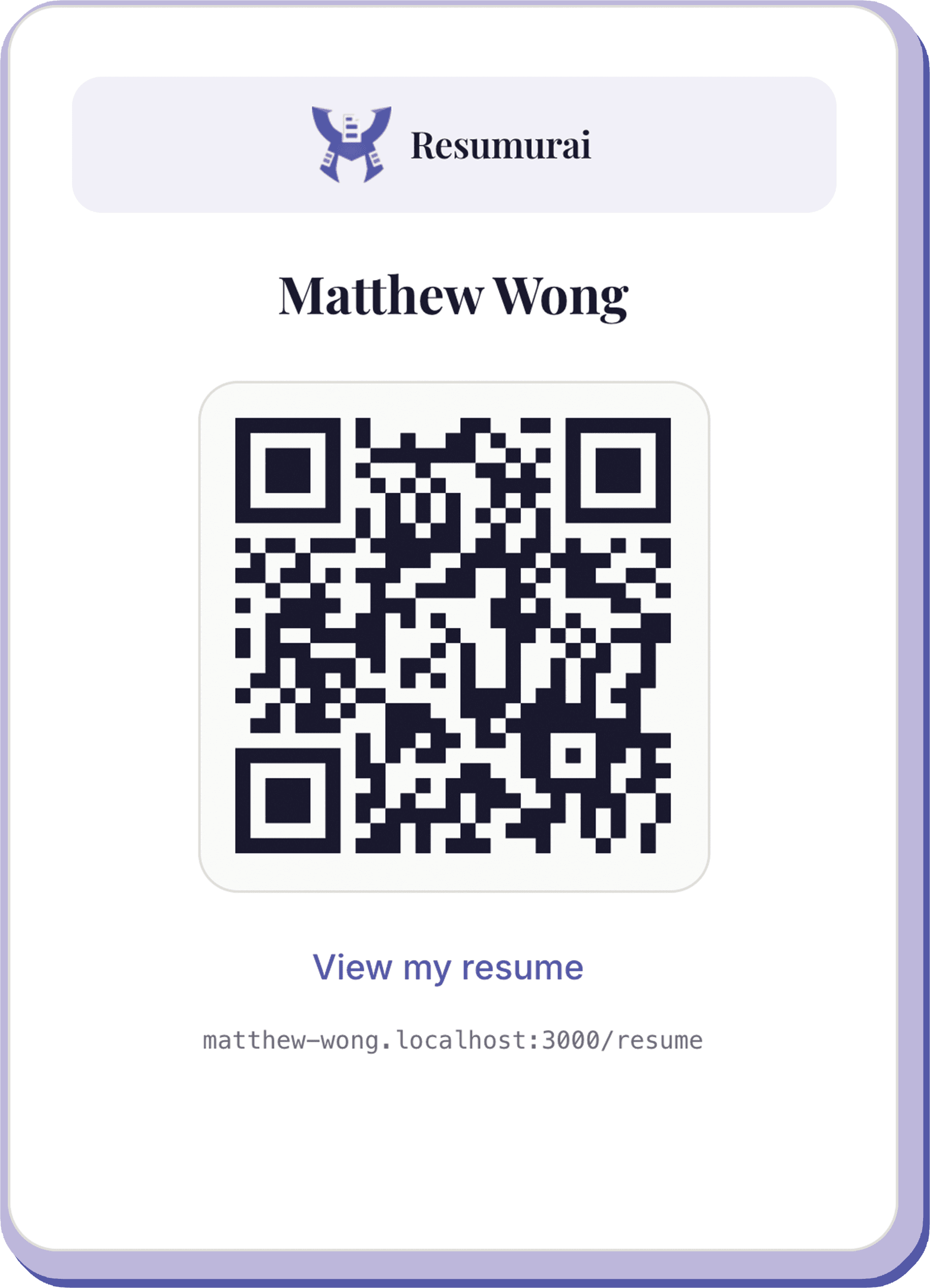 A shareable Resumurai QR code card linking to a live resume
